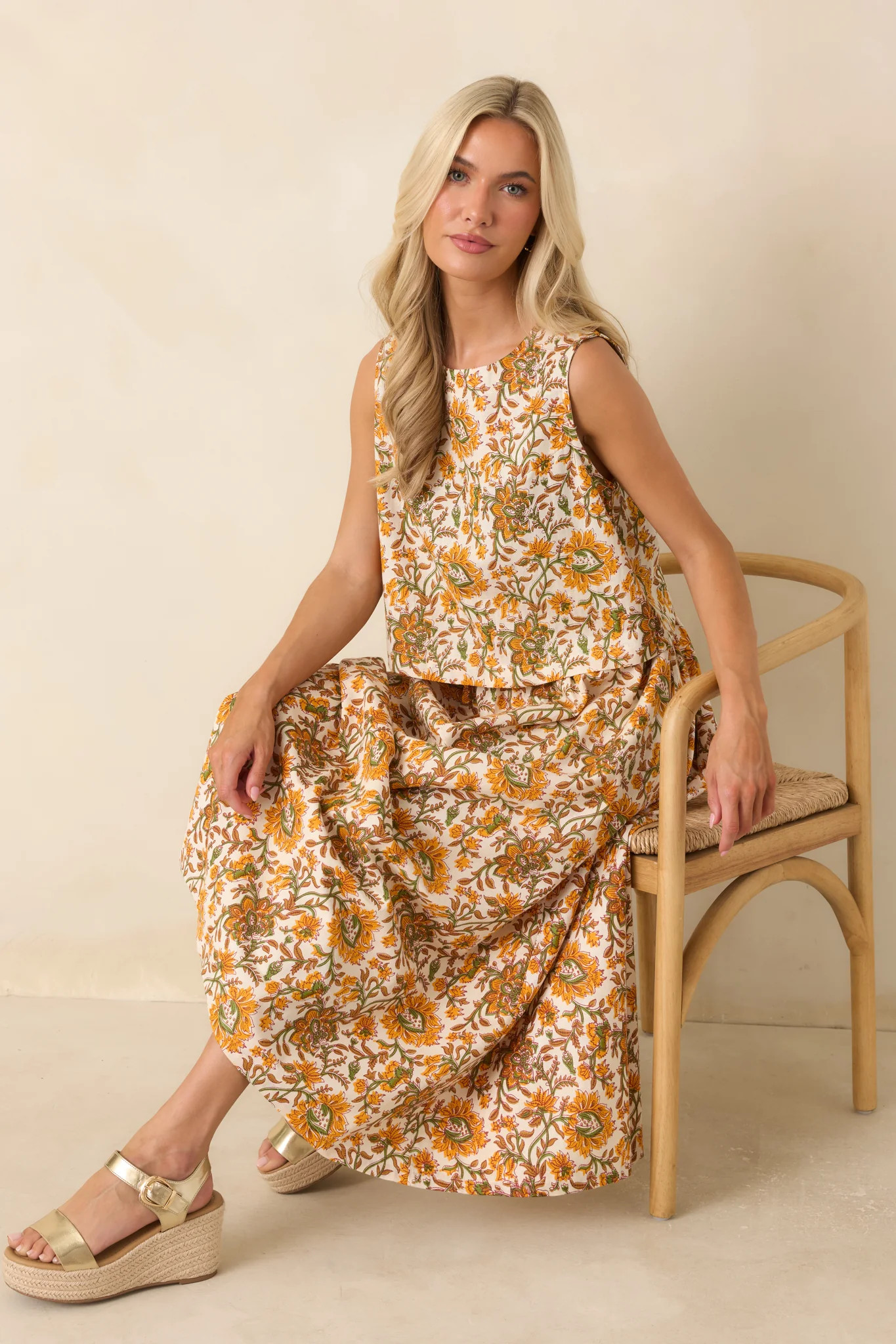 Easy to Love Marigold & Olive Green Floral Cotton Button-Back Top | Red Dress