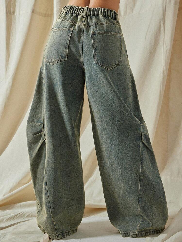 Vixey High Waist Elastic Back Waistband Barrel Leg Brown Denim Pants | SHEIN