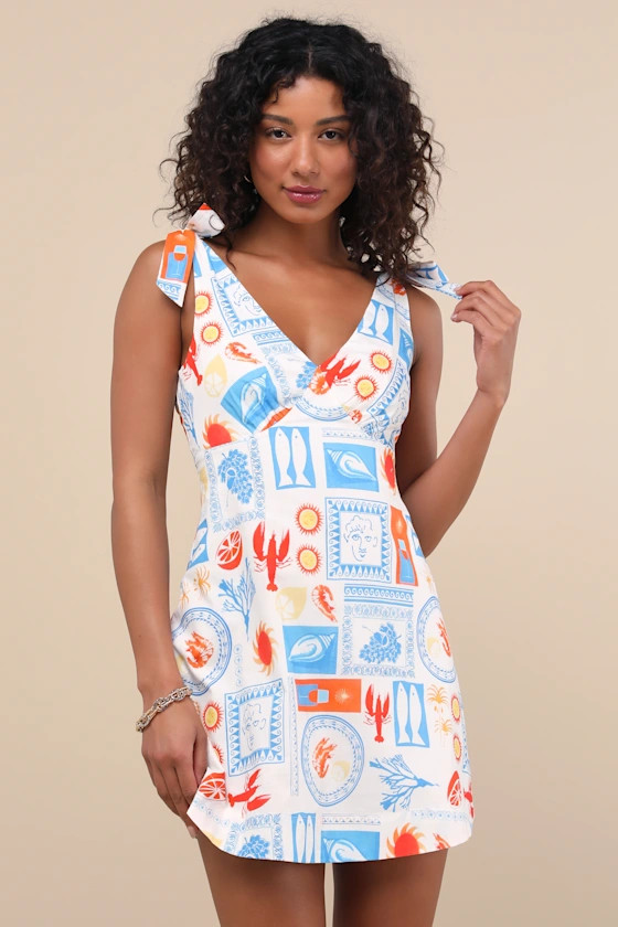 Athina White Multi Print Tie-Strap Mini Dress | Lulus