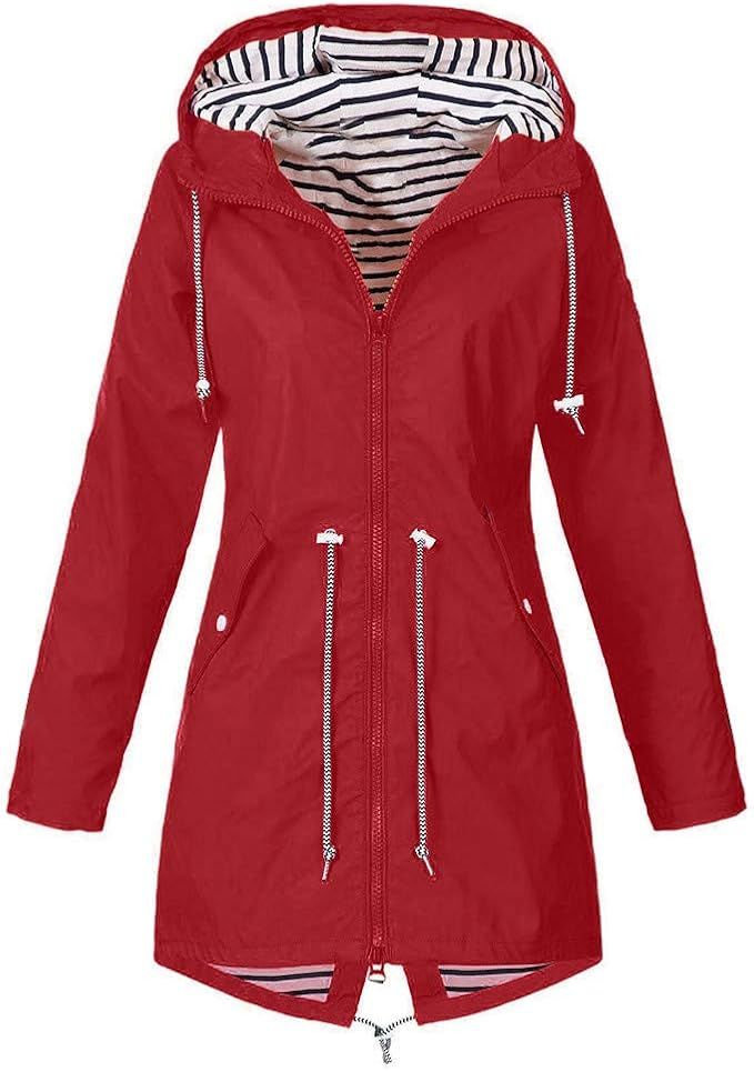 Eddizu Womens Rain Coat Hooded Jackets Raincoat Striped Lined Waterproof Windbreaker Trench Coats | Amazon (US)