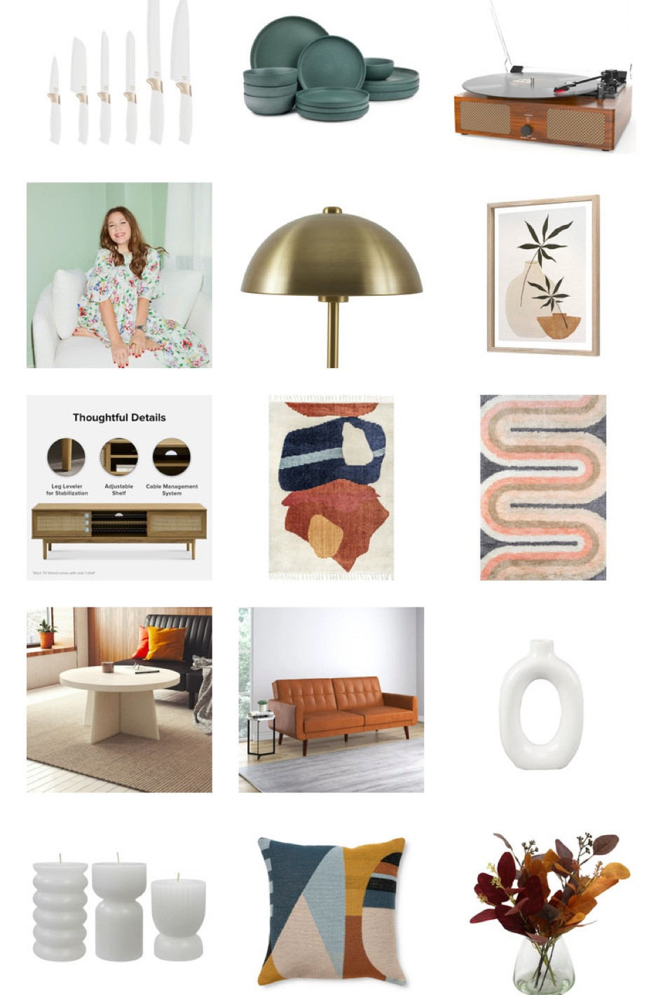 Trending 70s Style Home Decor and Furniture for Apartment Living Room and Bachelors Pad, all from Walmart 

Sale: Beautiful 6 Piece Stainless Steel Knife Set in White Champagne Gold By Drew Barrymore

Thyme & Table 12-Piece Stoneware Dinnerware Set, Caspian Green for Thanksgiving dinner

SALE: Udreamer 3-Speed Vinyl Record Player Turntable with Bluetooth,ALL in ONE Vintage Audio Turntables,Yellow

Beautiful Drew Chair by Drew Barrymore, Cream

Better Homes & Gardens 18" Modern Dome Touch On/Off Table Lamp, Brass

Crystal Art Gallery Mid-Century Modern Geometric Potted Plants, Neutrals

SALE: Mopio Haylee Modern Farmhouse Rattan 59" TV Stand Oak up to 60 inch TV

nuLOOM Ashton Shaggy Contemporary Abstract Tassel Area Rug, 8' 10" x 12', Beige

Novogratz Retro Wave Pastel Rug, PASTEL

SALE: Queer Eye Liam Round Coffee Table, Plaster

Better Homes & Gardens Nola Modern Futon, Camel Faux Leather

Mainstays 8" Circular Ceramic White Donut Vase

Better Homes & Gardens Unscented Pillar Candles, 3-Pack, 3x5 inches, 3x4 inches, White

Mainstays Decorative Throw Pillow, Geo Face, Multi, 18" Square, 1 per Pack

Better Homes & Gardens 12" Artificial Red and Orange Eucalyptus in Blown Glass Vase

Sale: Baxton Studio Sumner Mid-Century Black Faux Leather and Walnut Brown Dining Chair

