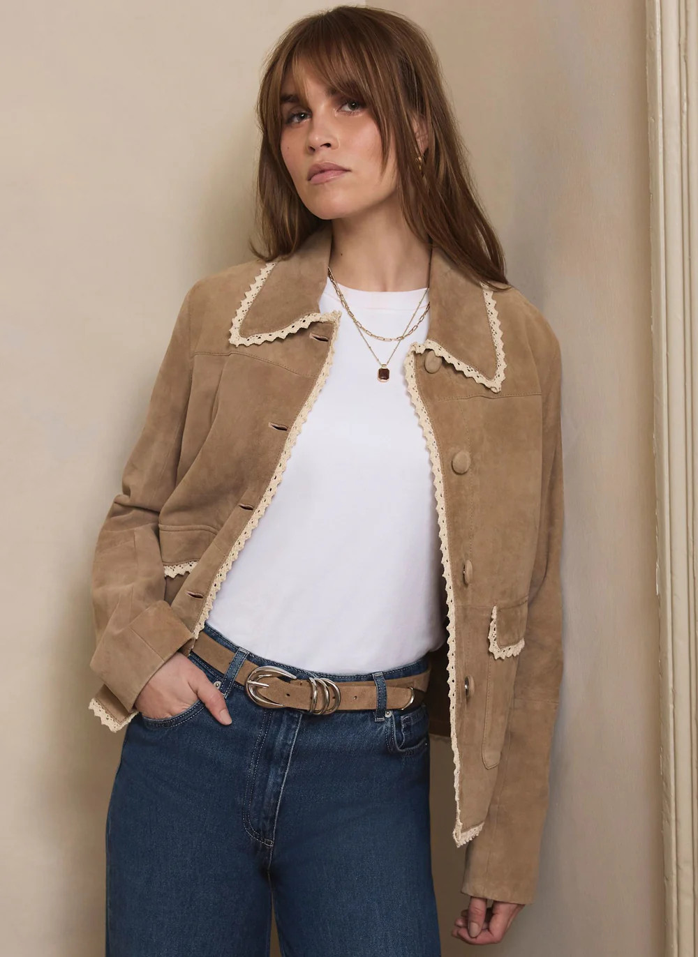 Neutral Suede Crochet Trim Jacket | Mint Velvet