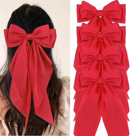 Wecoe 4pcs Big Hair Bows For Women Red Satin Bows Hair Barrettes Cute Large Christmas Hair Bow Cl... | Amazon (US)