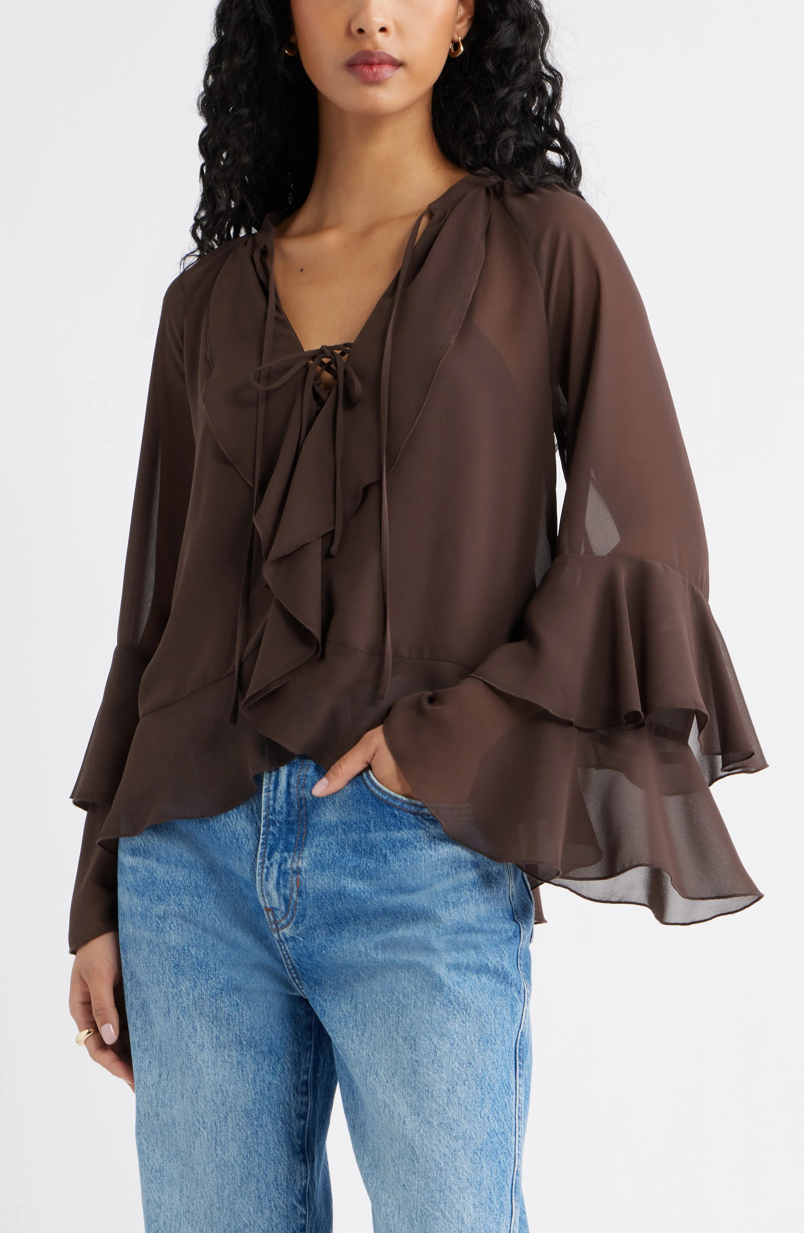 Open Edit Chiffon Ruffle Trim Top (Women) | Nordstrom | Nordstrom