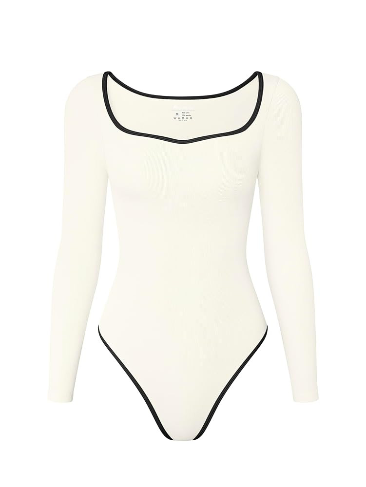 OQQ Women Bodysuit Contrast-Trim Square Neck Long Sleeve Stretch Bodysuit Tops | Amazon (US)