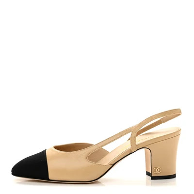 Goatskin Grosgrain Cap Toe CC Slingback Pumps 38 Beige Black | FASHIONPHILE (US)