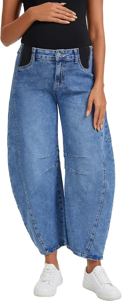 OVRUNS Women's Maternity Baggy Jeans Stretch Barrel Jeans Side Panel Loose Pregnancy Denim Pants ... | Amazon (US)