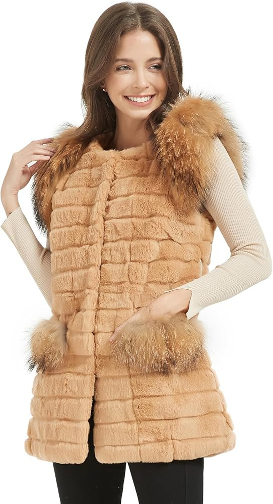 Fur Story Women's Genuine Rabbit Fur Coat With Fox Fur Cuffs Warm Winter Coat Black Long Jacket | Amazon (US)