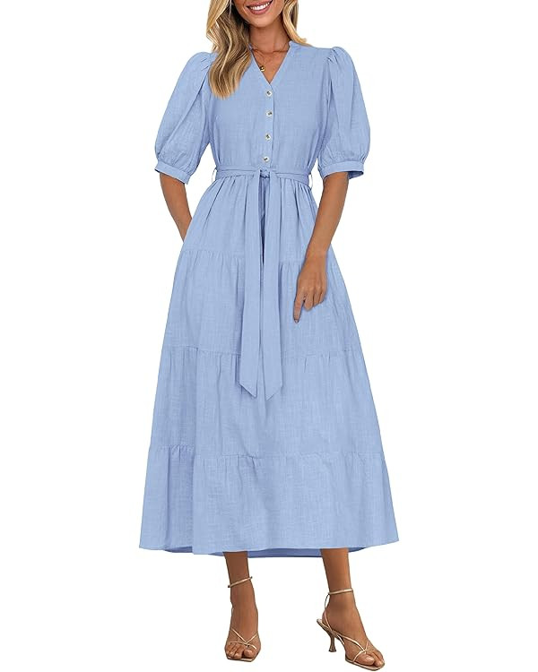 PRETTYGARDEN Summer Dresses for Women 2026 Elegant Classy Short Sleeve V Neck Ruffle A Line Belte... | Amazon (CA)