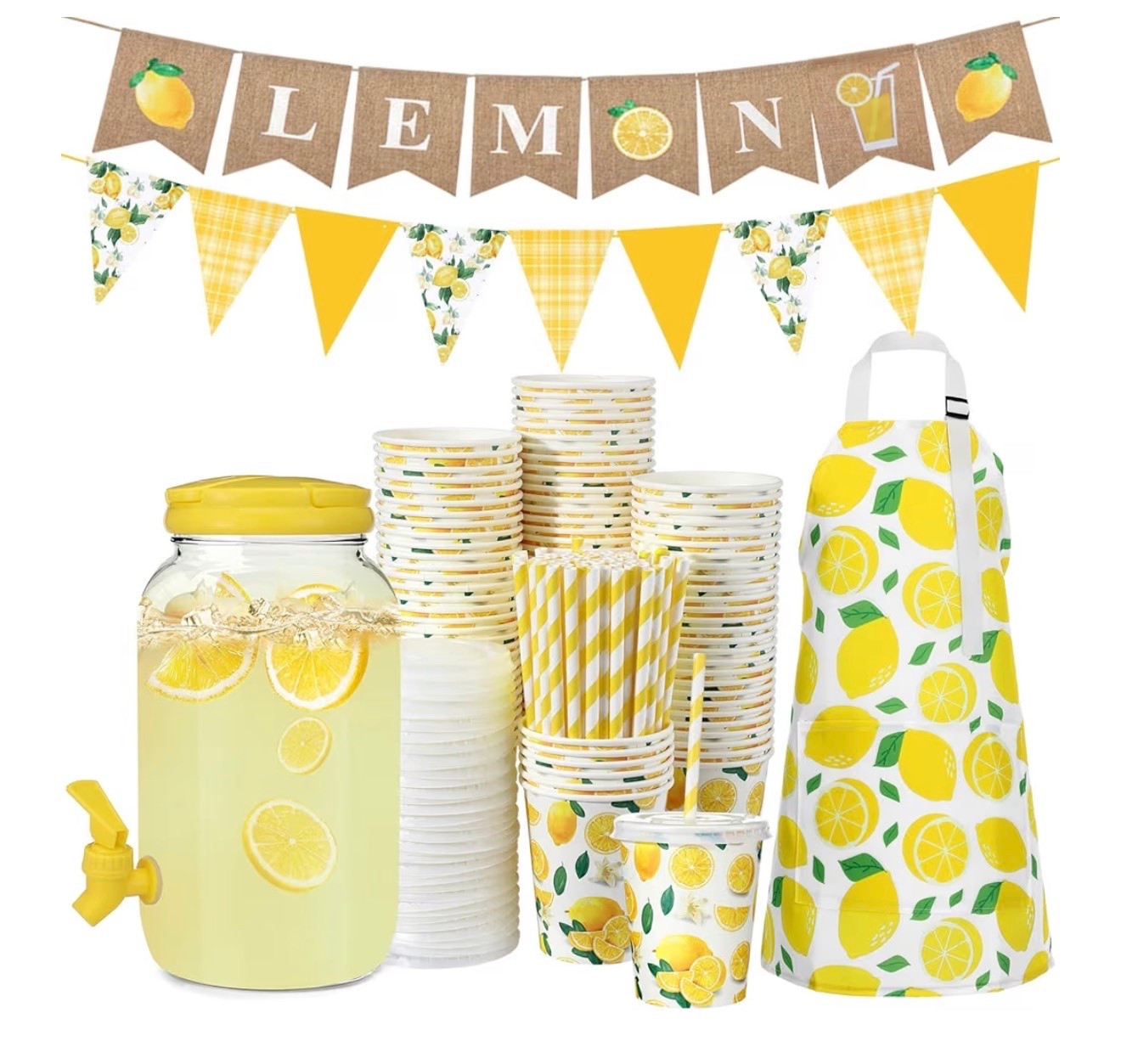 Lemonade stand supplies for kids from Amazon! 🍋 includes the lemon cups, yellow and white, striped paper, straws, lids, a cute apron, two banners, and a drink dispenser!

#LTKSaleAlert #LTKKids #LTKSeasonal