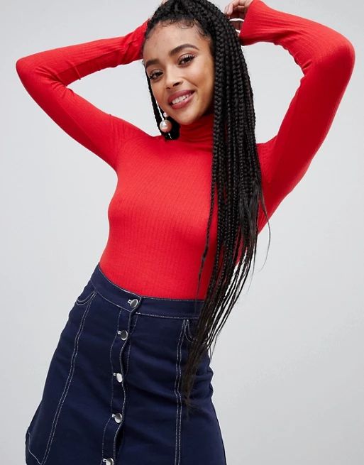 Monki roll neck ribbed jersey top in red | ASOS US