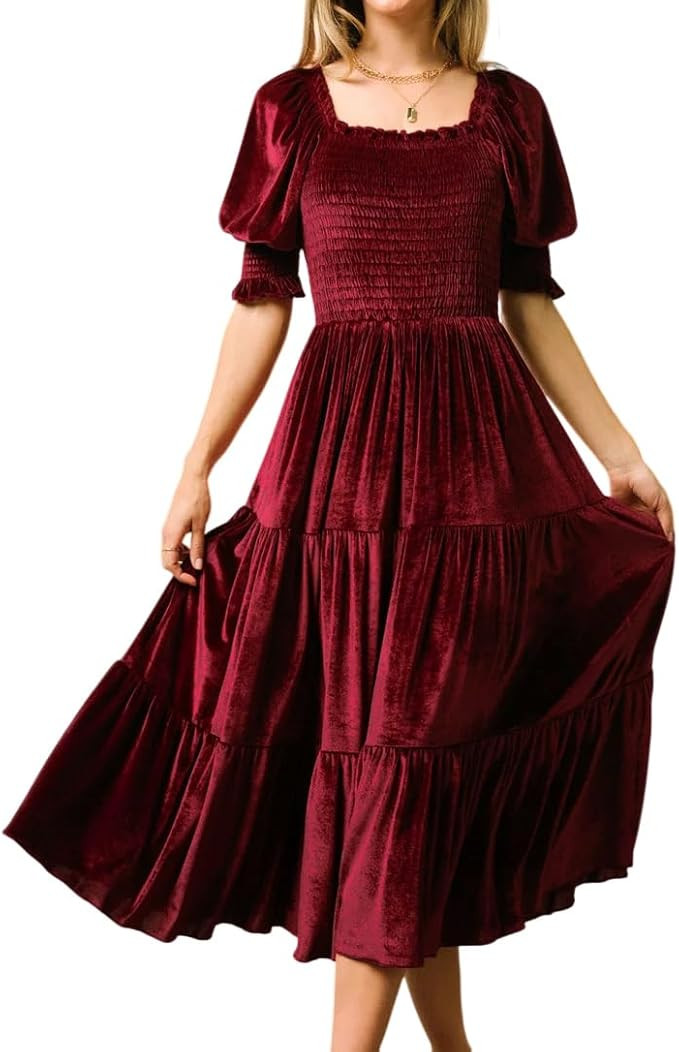 R.Vivimos Womens Fall Winter Velvet Dress Puff Sleeve Square Neck Smocked Tiered Ruffle A-Line Fl... | Amazon (US)