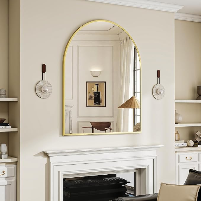 BEAUTYPEAK 32"x42" Arch Bathroom Wall Mirror, Gold | Wall Mounted Vanity Metal Frame Mirror for B... | Amazon (US)
