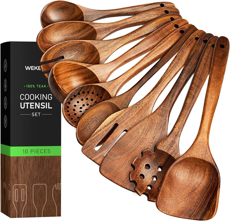 10-Piece Teakwood Utensil Set for Cooking, Natural Wooden Spoons & Spatulas for Non-Stick Cookwar... | Amazon (US)