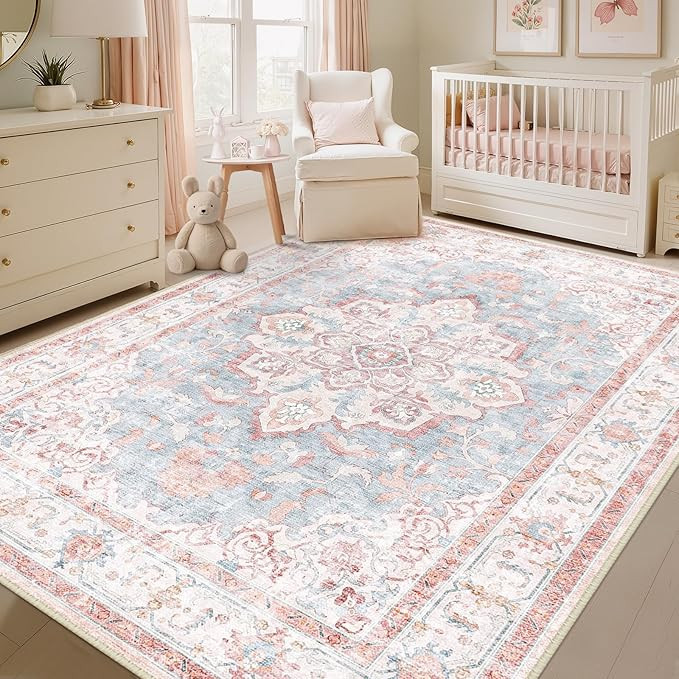 Machine Washable Rugs Nursery Rug 5x7 Cute Girl Non Slip Low Pile Water Repellent Soft Print Patt... | Amazon (US)