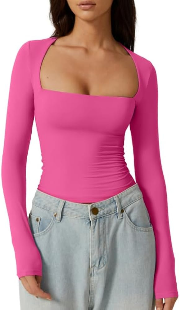 QINSEN Women's Sexy Square Neck Shirt Long Sleeve Double Lined Tees Fitted Going Out Tops | Amazon (US)