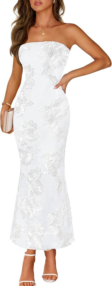 MEROKEETY Women's Floral Strapless Maxi Dress 2026 Summer Mesh Tube Bodycon Formal Wedding Guest ... | Amazon (US)