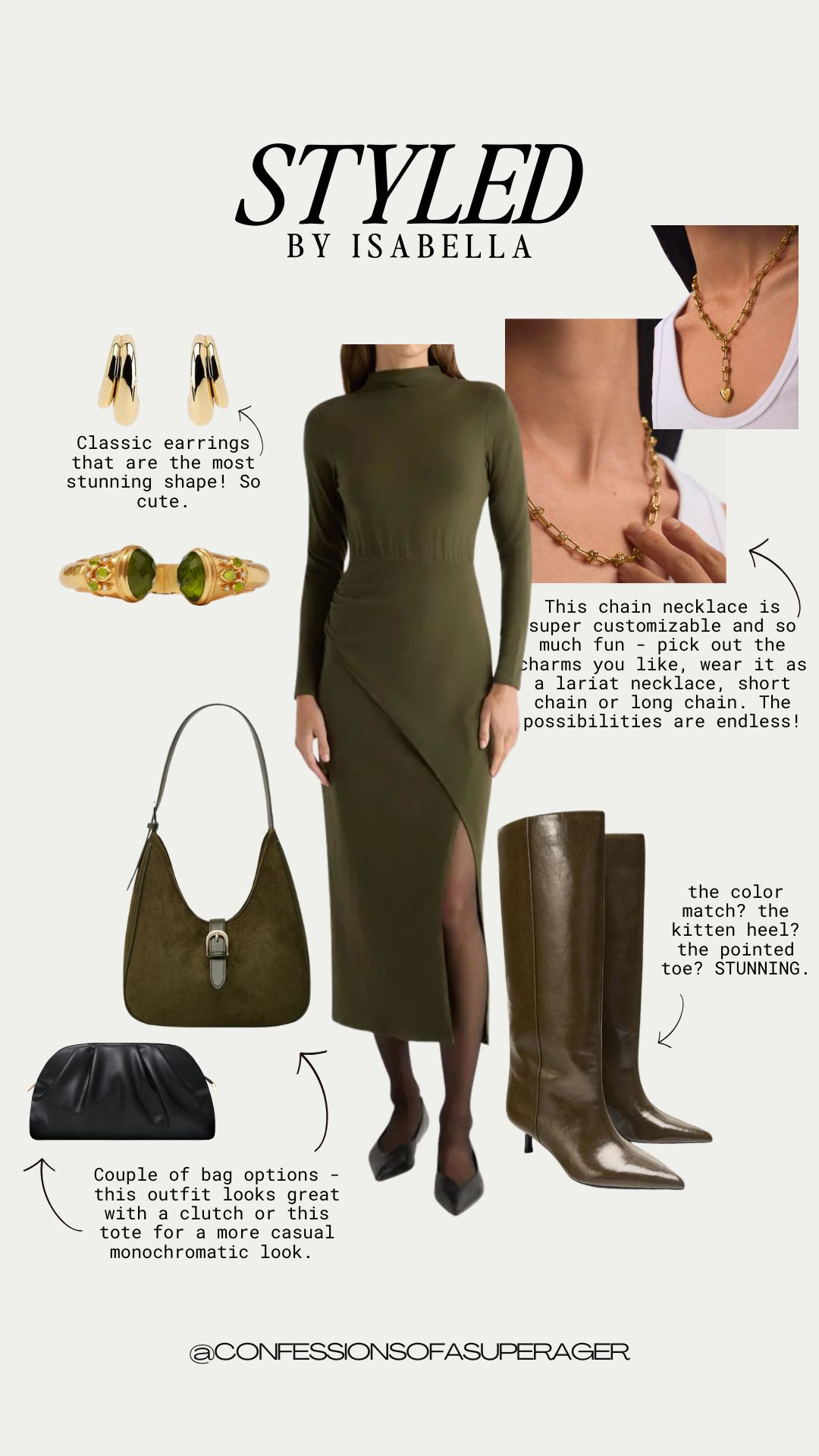 Effortless fall wedding guest outfit inspo 🍂✨ This stunning olive green long sleeve dress paired with pointed-toe kitten heel boots, a gold statement chain necklace, and classic earrings is the perfect mix of chic + timeless. Add a clutch or shoulder bag for a monochrome look that feels polished and elevated.

#ltkfallstyle #ltkweddingguest #ltkfalloutfits #ltkelevatedstyle #ltkeveningstyle #fallweddingguestdress #ltkover40style #falloutfitideas2025 

 #LTKFallSale 

#LTKSeasonal #LTKSaleAlert