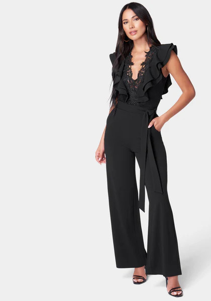 Lace Trim Knit Crepe Palazzo Jumpsuit | Bebe
