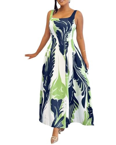 CHCIME Women's Summer Floral Boho Dress Square Neck Spaghetti Strap Flowy A Line Sundress Beach Vacation Midi Dresses with Pockets-LGR-XL A-Light Green | Amazon (US)