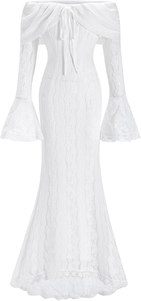 Women's Off Shoulder Lace Maxi Dress Formal Bell Sleeve Fishtail Bodycon Cocktail Evening Dresses | Amazon (US)