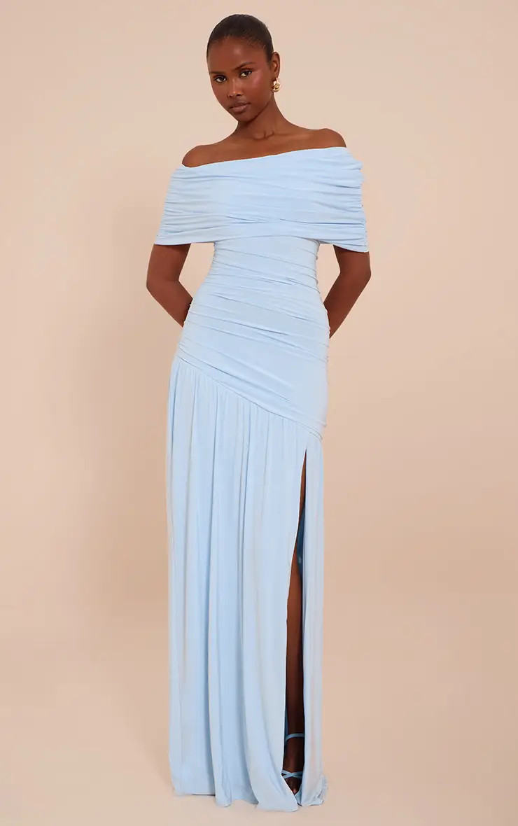 Blue Double Layer Slinky Bardot One Shoulder Ruched Maxi Dress | PrettyLittleThing UK