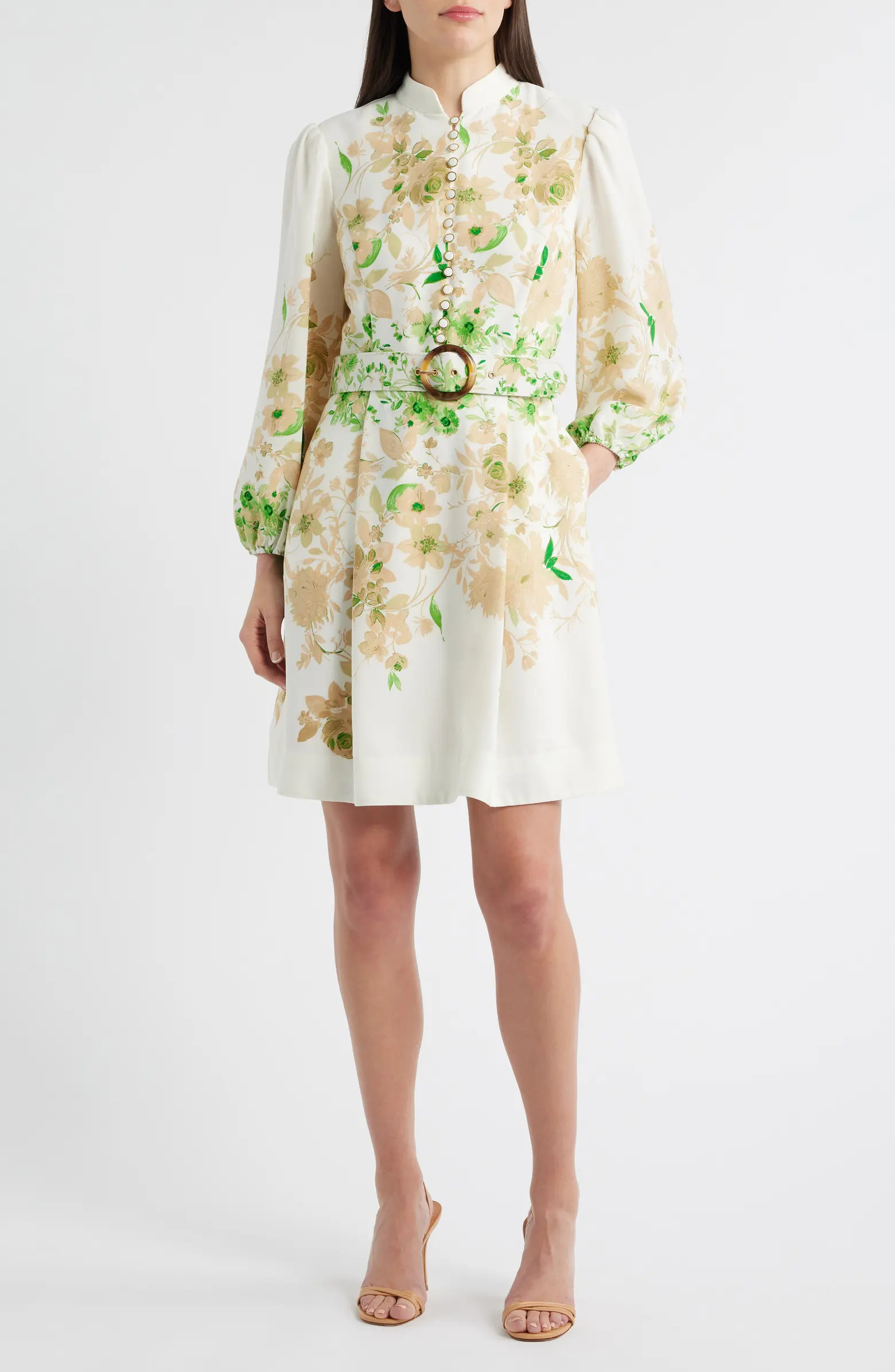 Border Print Belted Long Sleeve Dress | Nordstrom