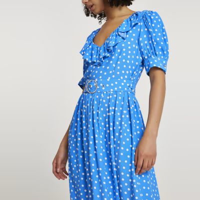 Blue belted spot print frill hem midi dress | River Island (UK & IE)