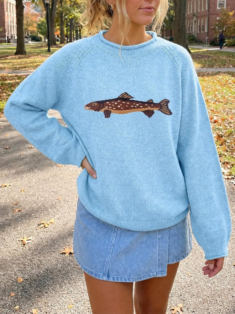 Tankaneo Womens Fish Graphic Oversized Sweaters Lightweight Knit Pullover | Amazon (US)