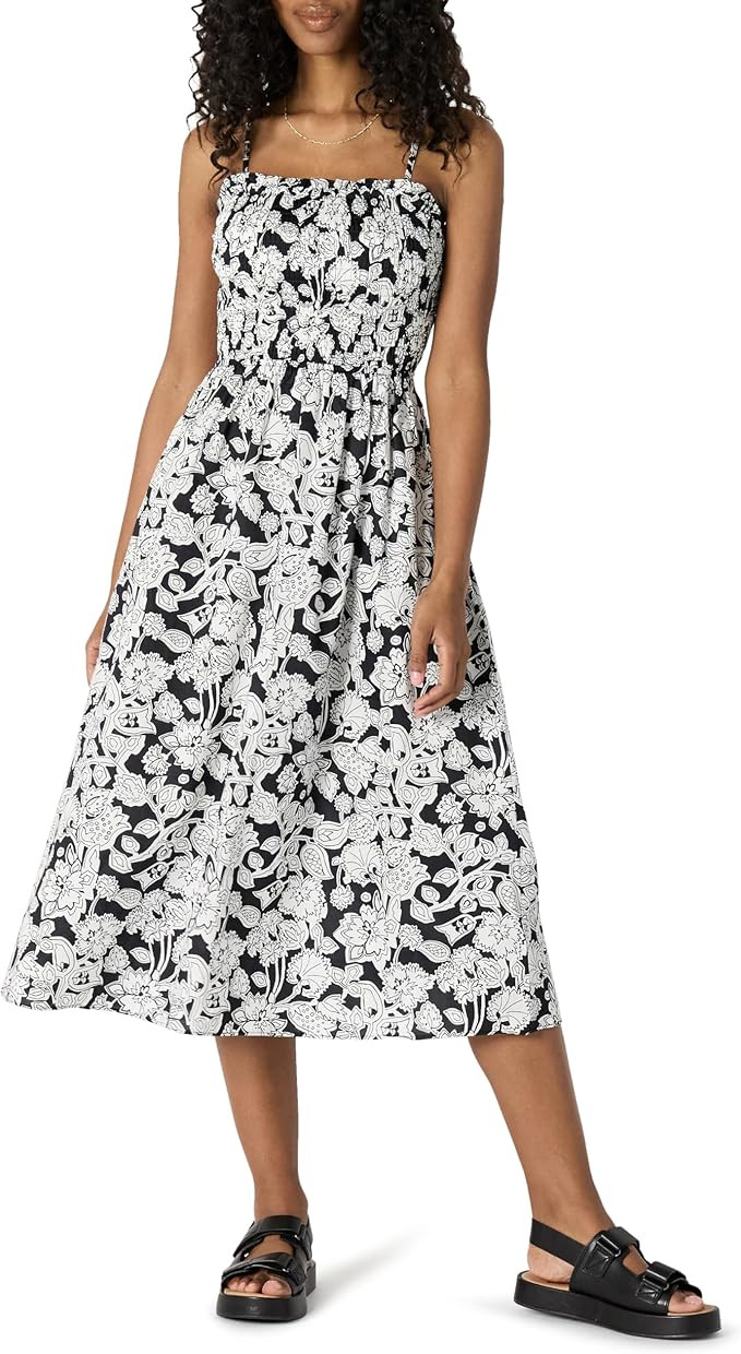 Amazon Essentials Women's Regular-Fit Cotton Sateen Smocked Bodice Midi Dress | Amazon (US)