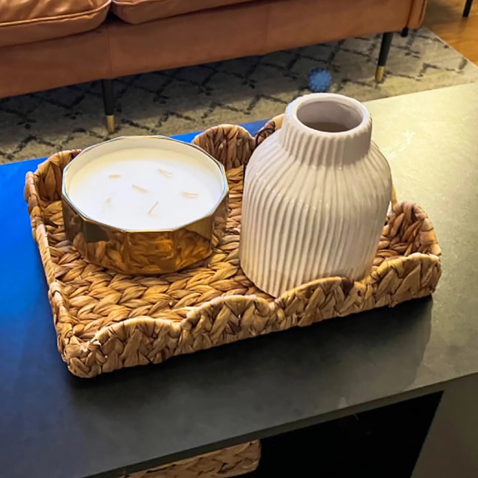 Rectangle Wicker Scalloped Tray, Rattan Serving Trays with Handles, Water Hyacinth Basket for Dec... | Walmart (US)