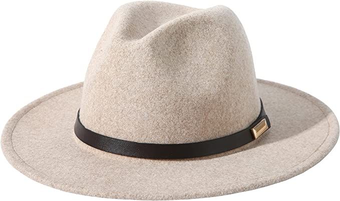 Lanzom Women Lady Classic Wool Fedora Hat with Belt Buckle Felt Wide Brim Panama Hat | Amazon (US)