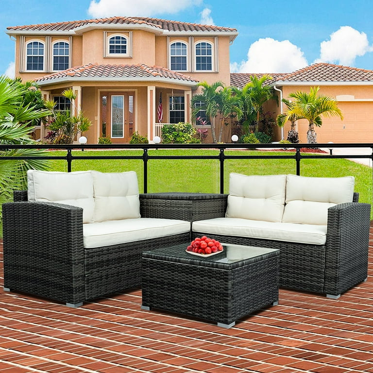 Rattan Patio Sofa Set, 4 Pieces Outdoor Sectional Furniture, All-Weather PE Rattan Wicker Patio C... | Walmart (US)