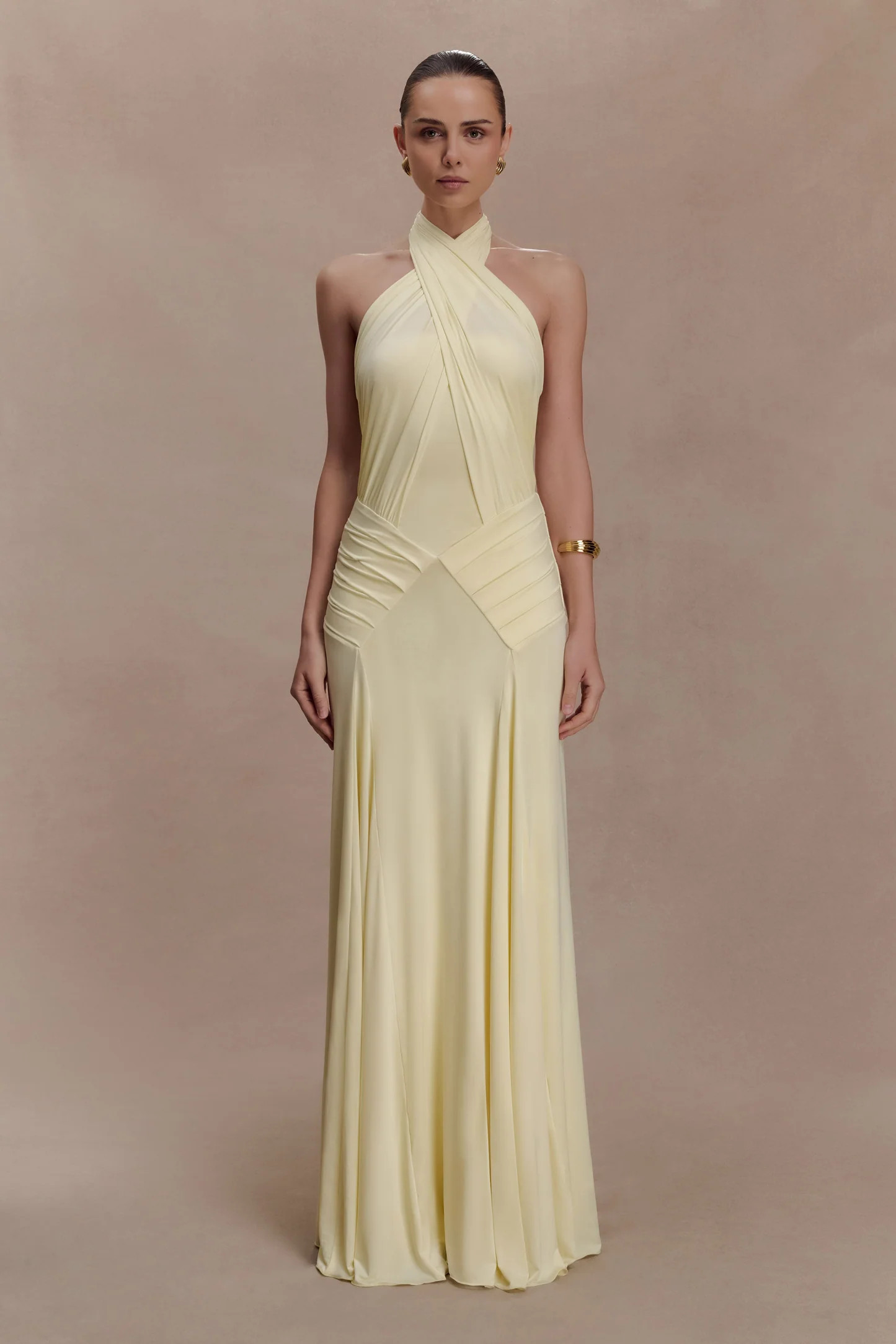 Gathered Slinky Halter Maxi Dress - Lemon | MESHKI US