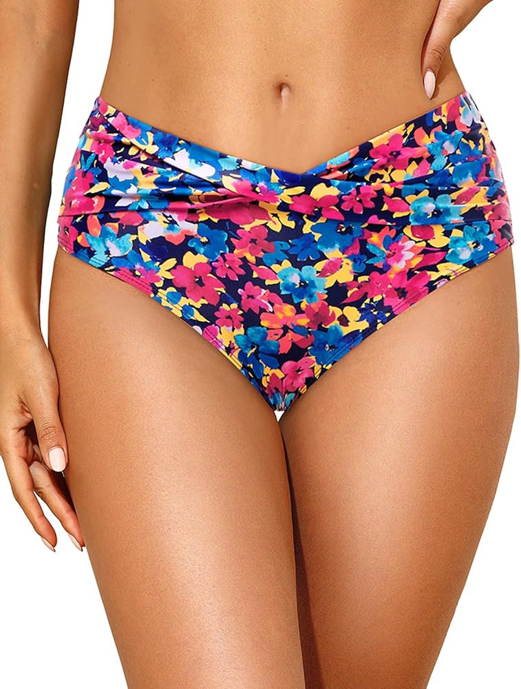 Tempt Me Women Mid Waist Bikini Bottoms - V Cut Bathing Suit Bottoms Twist Front Swimsuit Bottoms... | Amazon (US)