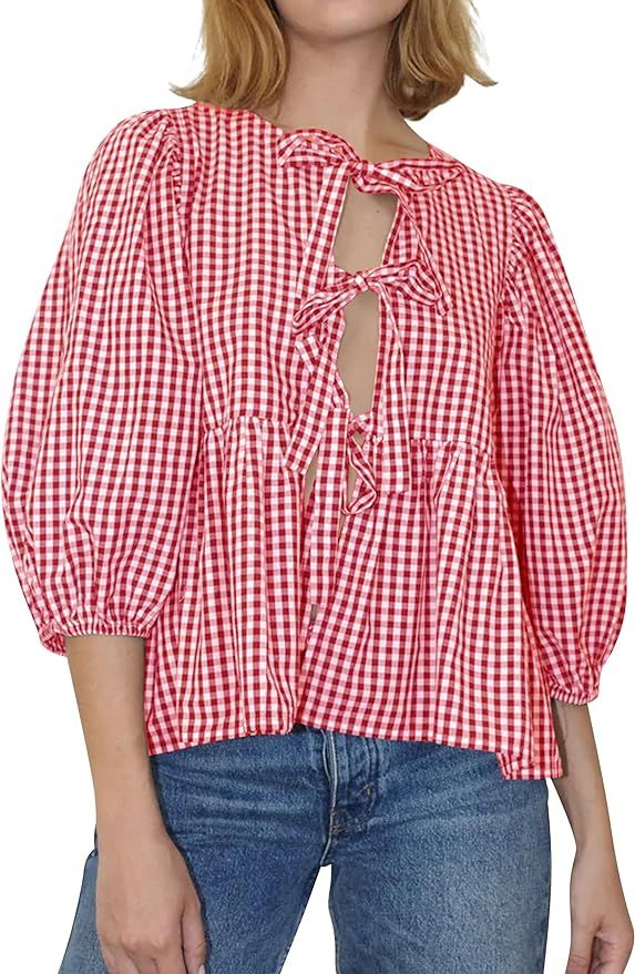 Cioatin Women Plaid Bow Tie Front Shirt Top Cute Puff Sleeve Y2K Peplum Ruffle Babydoll Blouse La... | Amazon (US)
