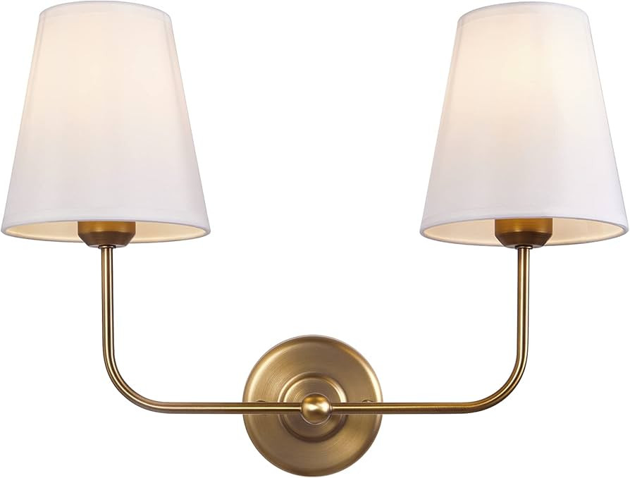 Passica Decor 2 Light Modern Armed Sconce with 2pcs Antique Brass Flared White Fabric Shade Doubl... | Amazon (CA)