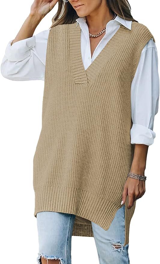 Viottiset Women's Oversized V Neck Knit Sweater Vest Tunic Sleeveless Pullover Top | Amazon (US)