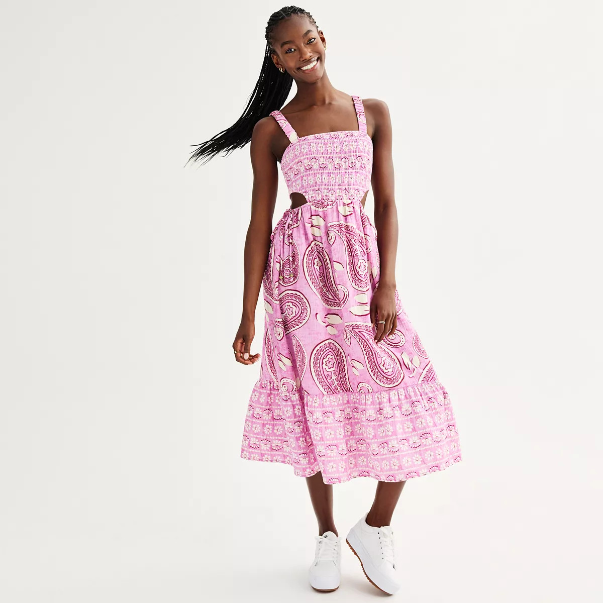 Juniors' SO® Paisley Print Smocked Cutout Tiered Midi Dress | Kohl's