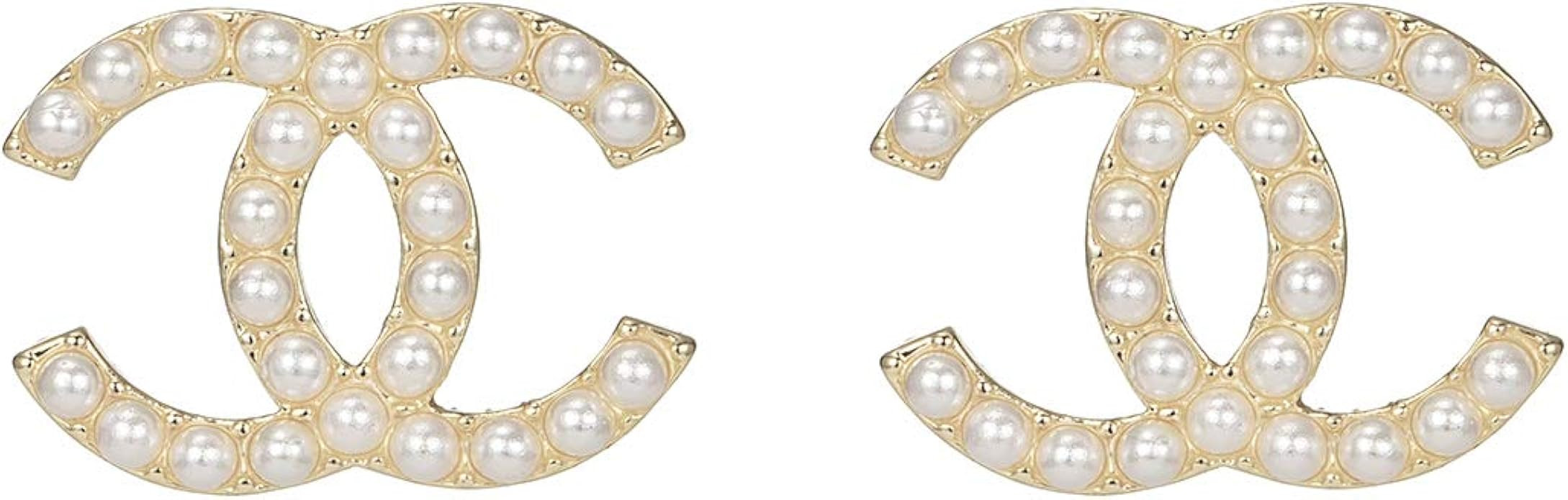 MAIDEARS Small Pearl CC Stud Earrings 14K Gold Plated fashion studs earrings For Women and Girls | Amazon (US)