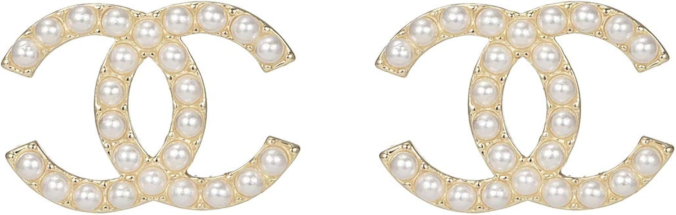 MAIDEARS Small Pearl CC Stud Earrings 14K Gold Plated fashion studs earrings For Women and Girls | Amazon (US)