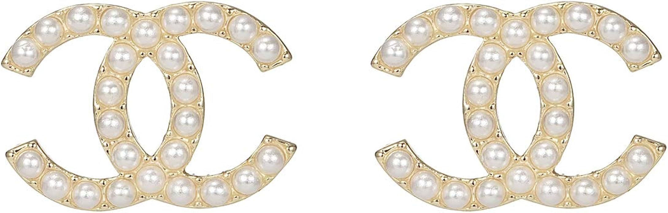 MAIDEARS Small Pearl CC Stud Earrings 14K Gold Plated fashion studs earrings For Women and Girls | Amazon (US)