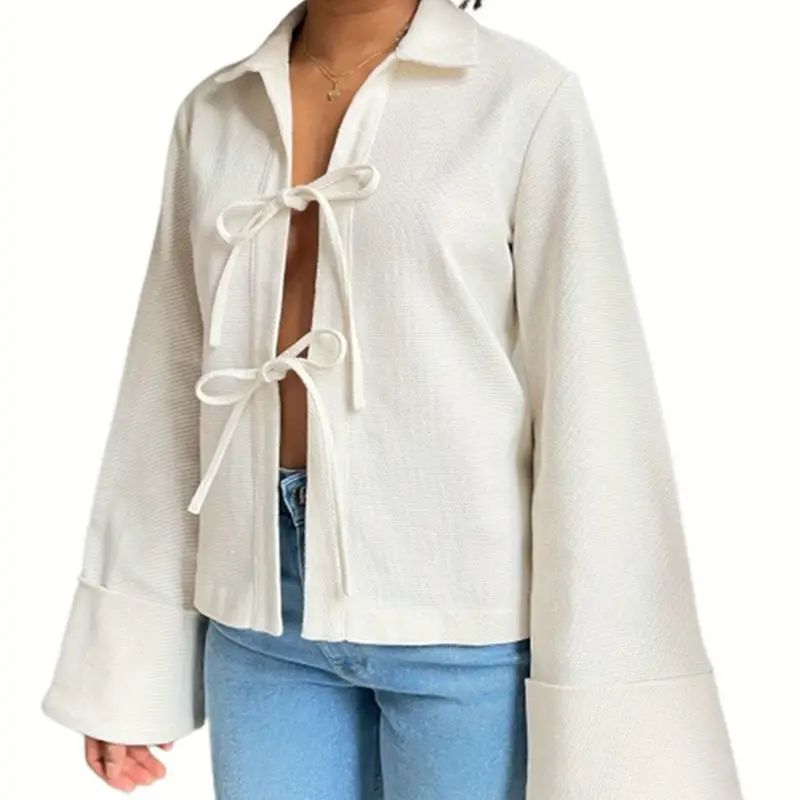 Solid Tie Front Simple Blouse, Sweet Flare Sleeve Blouse For Spring & Fall, Women's Clothing | Temu Affiliate Program