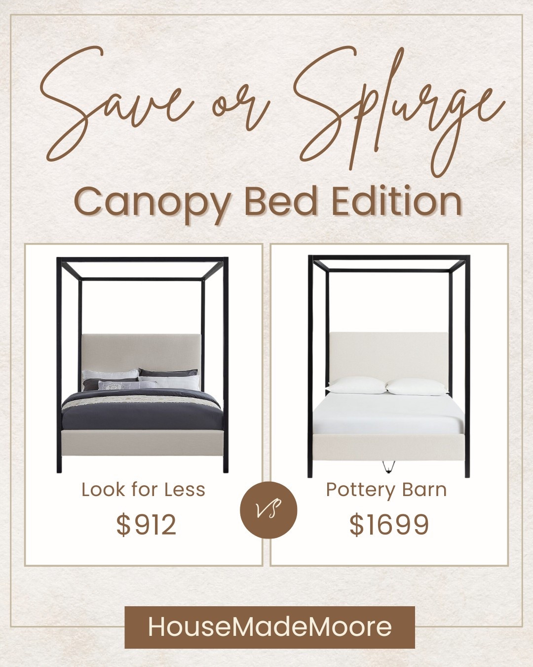 A canopy bed is the ultimate statement piece—instantly adding height, drama, and modern elegance to any bedroom. These Save vs. Splurge options bring the same sleek black frame, upholstered headboard, and timeless design, but with a very different price tag.

Whether you’re styling a moody modern space, a neutral retreat, or a cozy luxe bedroom, this bed makes any room feel elevated.

Would you go for the budget-friendly version or invest in the splurge-worthy classic? Because every dream bedroom deserves a bed that wows.

#LTKHome