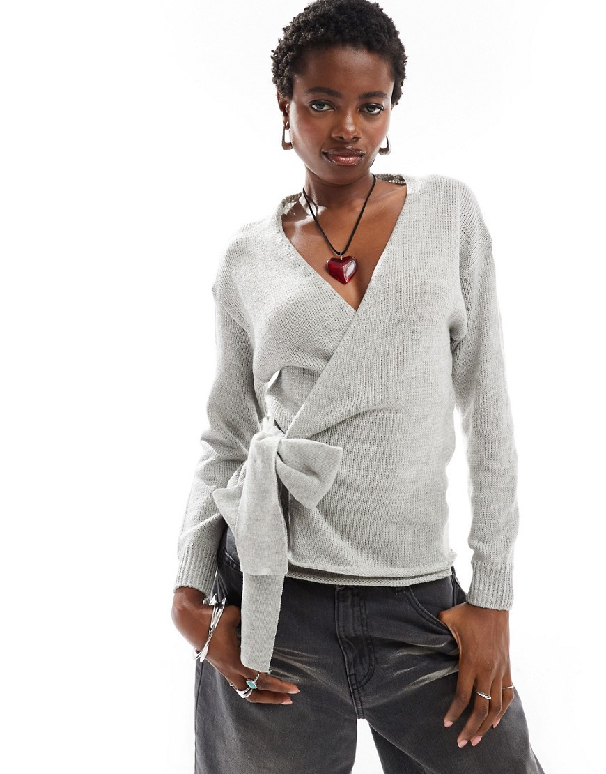 Glamorous wrap front sweater in gray heather knit-Black | ASOS (Global)