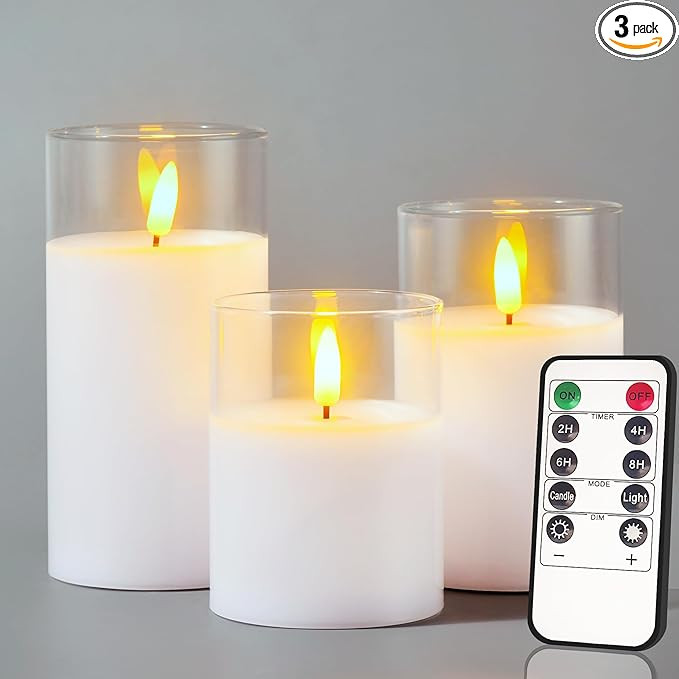 Glass Battery Operated LED Flameless Candles with Remote and Timer, Real Wax Candles Warm Color F... | Amazon (US)