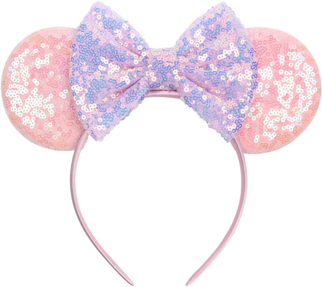 YanJie Mouse Ears Bow Headbands, Glitter Party Macaron Pink Ear Mermaid Decoration Cosplay Costum... | Amazon (US)