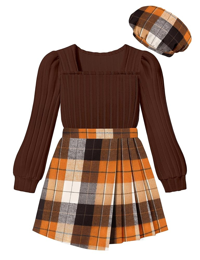 NECIOUS Girls Skirt Set Square Neck Puff Sleeve Shirt Tops Plaid Mini Skirt Shorts with Beret 3 P... | Amazon (US)
