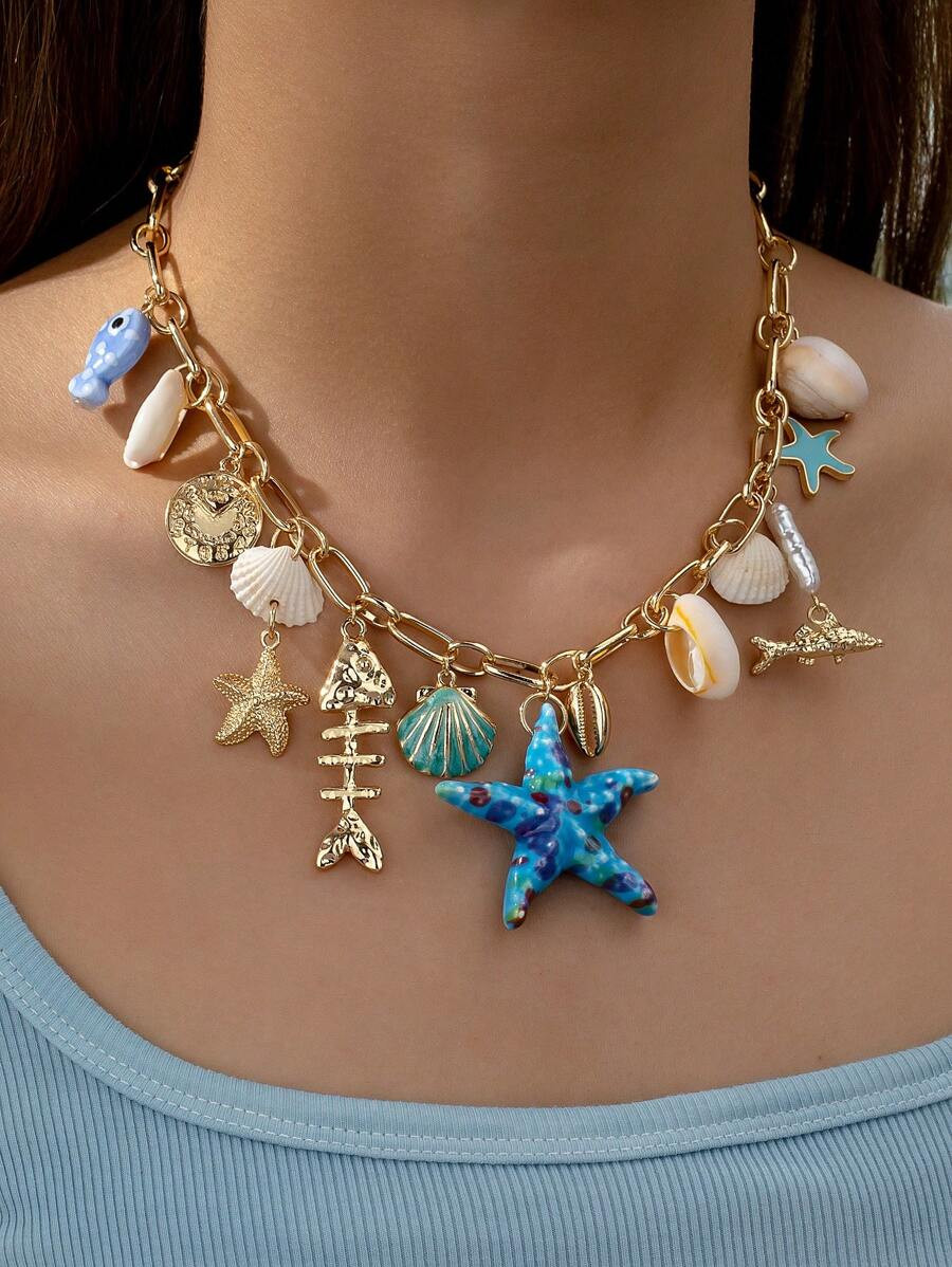 1pc Handmade Starfish & Marine Life Charms Summer Necklace For Vacation (Shape And Color May Vary... | SHEIN
