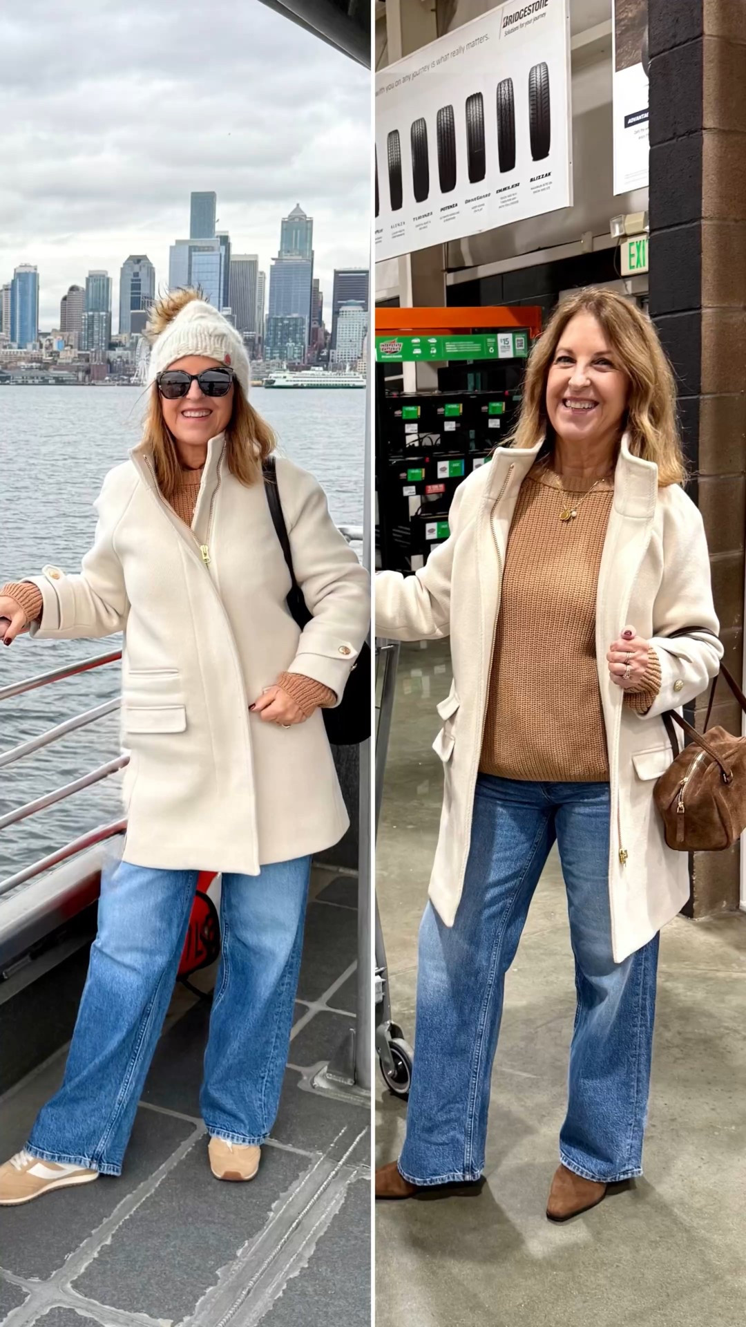 Friday OOTD
From a ferry ride to Thanksgiving shopping at Costco.

✨Fisherman sweater -tts, I'm wearing size xs
✨Coat- tts, I'm wearing my regular size 2p. Love that they have petite-tall sizes. 
✨ The straight-leg jeans I had to try! Straight-leg rigid jeans (with a little stretch), wearing my current size: 26. They are snug and hold you in around the middle (but not uncomfortable) and loose in the legs. If you want a roomier fit, size up. 
✨T-shirt base fits tts, I’m wearing an Xs.
✨Sneakers & boots fit tts, I'm wearing a size 6
✨Brown  suede tote & handbag 
✨Hat - Lele Sadoughi bought the hat brand I'm wearing. Linked the new hat! 
✨Glasses are prescription Warby Parker


#LTKdayinmylife #LTKOver40 #LTKSeasonal